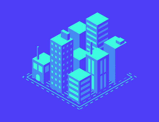 icon of city buildings on blue background